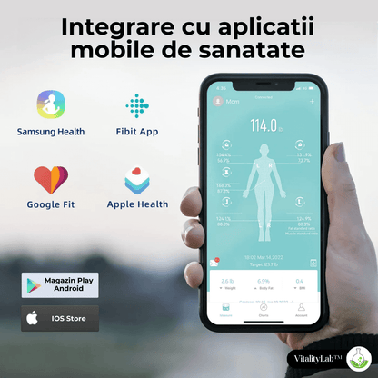 Cantar corporal inteligent Vitality Lab™ Smart, 14 indici corporali, 4 senzori analiza, calculator indice masa corporala, raport evolutie utilizator, numar de utilizatori nelimitat, integrare IOS/Android