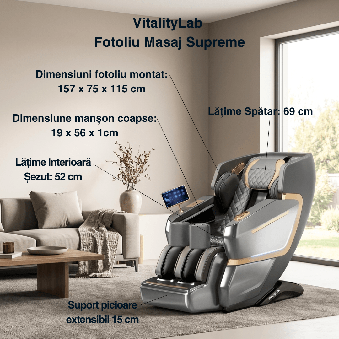 Fotoliu masaj Supreme Vitality Lab, scaun masaj 3D+, sina SL 135 cm, 20 programe automate, 20 tehnici manuale, 3 pozitii Zero Gravity, masaj terapeutic, reflexoterapie, incalzire, drenaj limfatic, ioni negativi, Health Monitor, Bluetooth