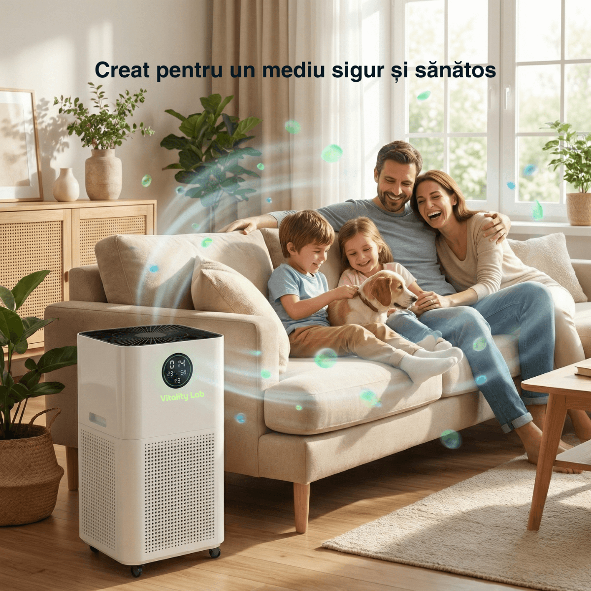 Purificator aer Vitality Lab Vortex, 120 m², CADR 800 m³ h, senzor PM2.5, sterilizare duală UV-C + O3, filtrare HEPA și TVOC carbon activ, ionizare 100 milioane ioni/secundă, senzor umiditate și temperatură, control inteligent smart WiFi iOS/Android