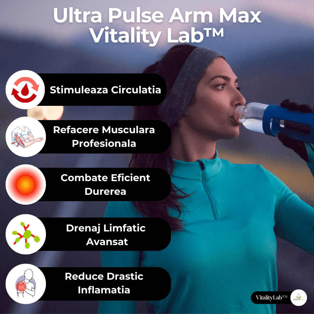 Aparat masaj brate wireless Arm Max Vitality Lab™, presiune mare, masaj terapeutic, drenaj limfatic, 2 mansoane cu 4 camere compresie aer fiecare, 12 niveluri intensitate masaj brate, masaj refacere musculara, masaj relaxare circulator brate