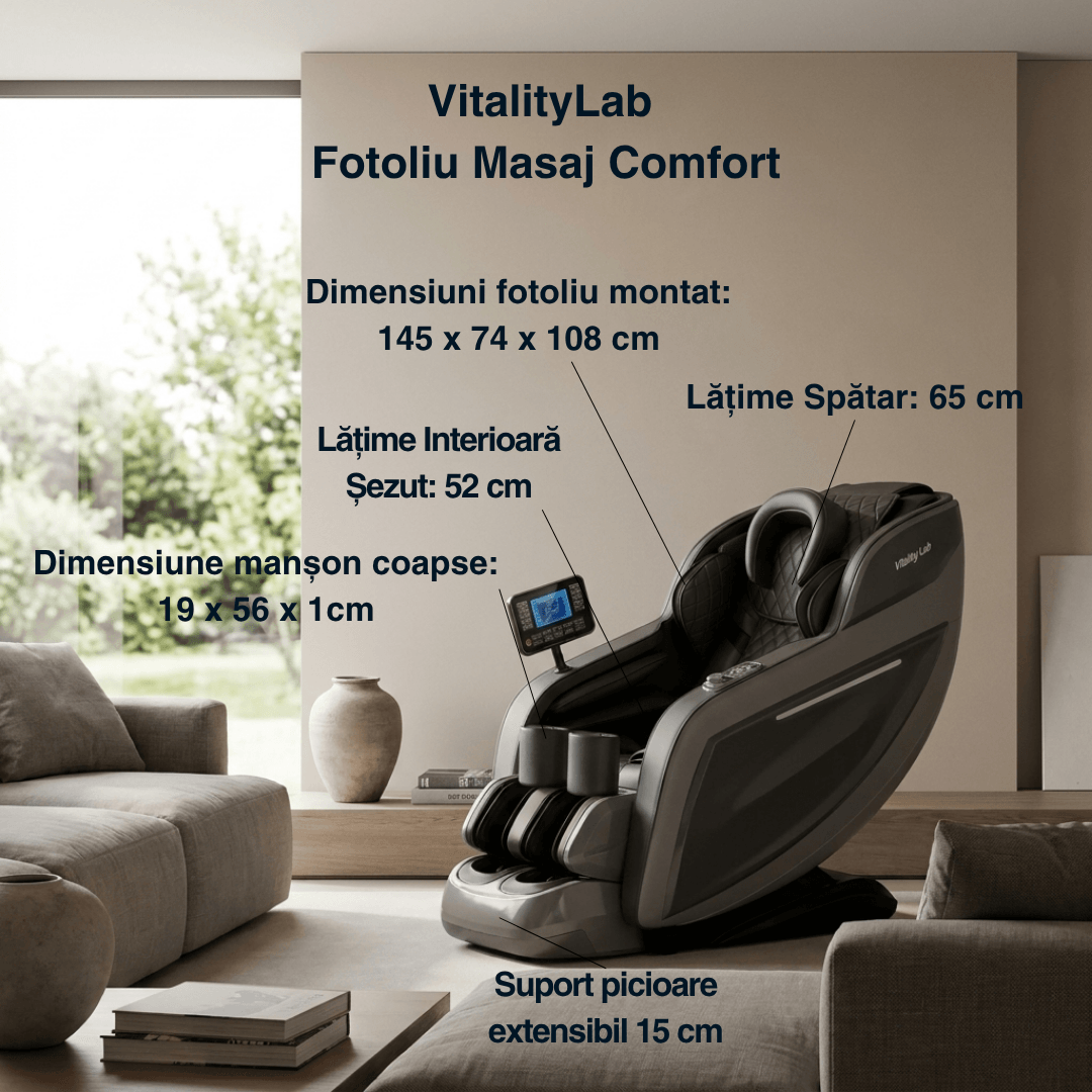 Fotoliu masaj Comfort Vitality Lab, scaun masaj 3D, sina SL long 150 cm, 20 programe automate, 6 tehnici manuale, masaj terapeutic, reflexoterapie, incalzire, drenaj limfatic, Zero Gravity, Health Monitor, Bluetooth
