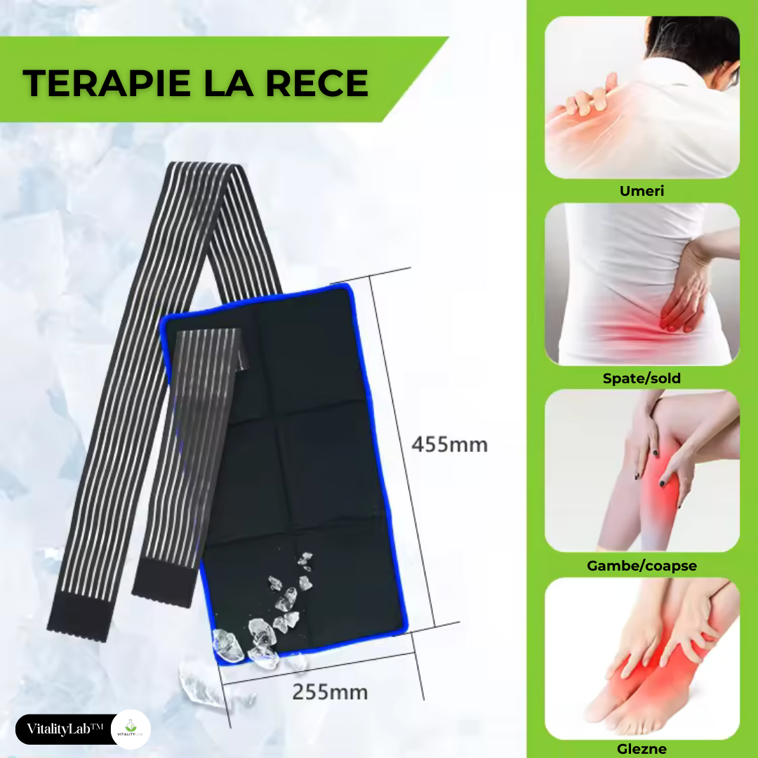 Compresa universala crioterapie Vitality Lab™, manson flexibil 6 compartimente cu gel crioterapie, 2 trepte de racire, prindere velcro, flexibil, adaptabil pentru cot, genunchi, umar, glezna, sold, spate, brate, picioare, gat