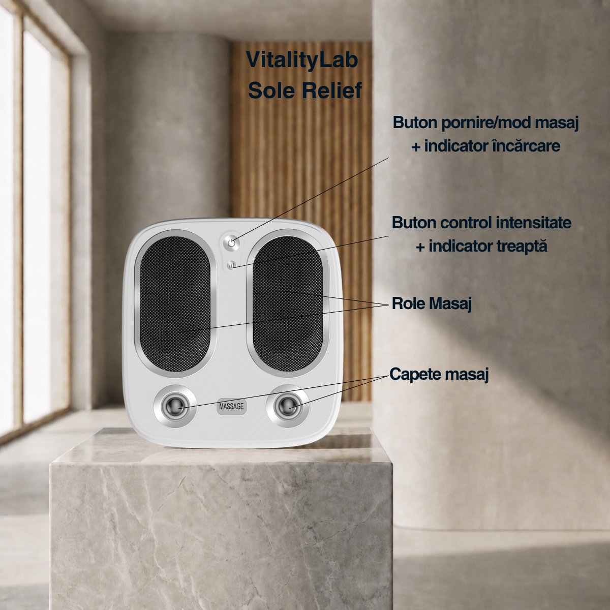Aparat masaj talpi si gambe Sole Relief Vitality Lab, aparat masaj picioare cu masaj shiatsu, role masaj, framantare, incalzire si terapie infrarosu, 3 moduri masaj, 3 niveluri intensitate, baterie 2500 mAh, masaj relaxare talpi, gambe si picioare obosite