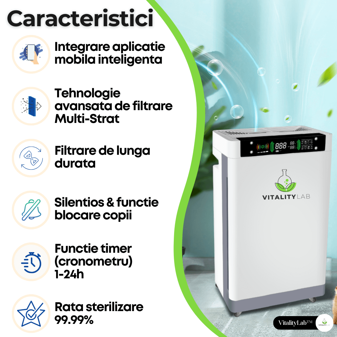 Purificator aer Vitality Lab™ Pure Flow – 80 m², CADR 600, HEPA + carbon, UV-C + ozon, senzor PM2.5, ionizare, WiFi smart, higrometru, termometru