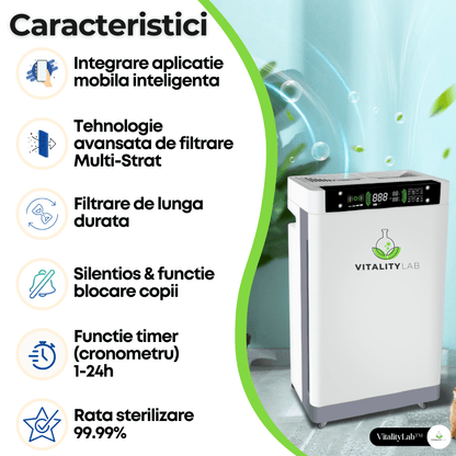 Purificator aer Vitality Lab™ Pure Flow – 80 m², CADR 600, HEPA + carbon, UV-C + ozon, senzor PM2.5, ionizare, WiFi smart, higrometru, termometru