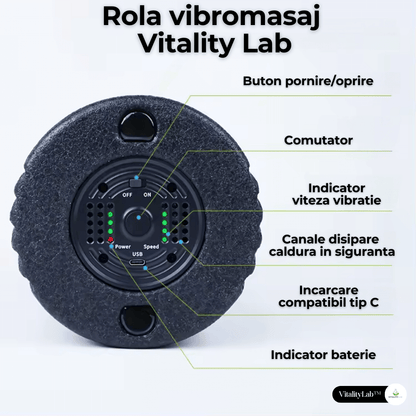 Rola masaj terapeutic Vitality Lab™, vibromasaj, 4 niveluri de intensitate, recuperare dureri lombare, masaj cervical, refacere musculara, circulatie sanguina, eliberare miofasciala, control wireless, incarcare USB C