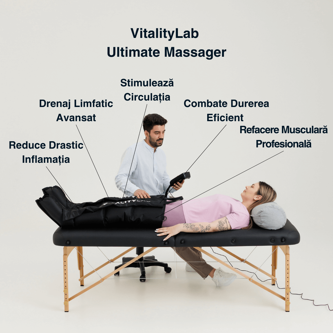 Aparat masaj picioare Ultimate Massager Vitality Lab, masaj terapeutic, drenaj limfatic, 8 camere compresie cu aer, 8 niveluri intensitate masaj picioare, gambe și coapse, masaj refacere musculara, masaj relaxare circulator, dureri și inflamație picioare