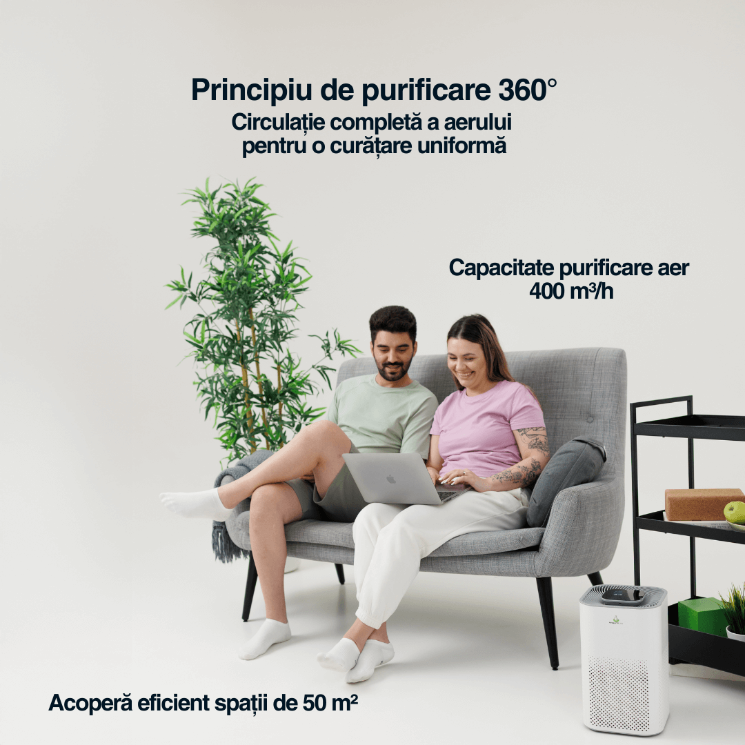 Purificator aer Vitality Lab Fresh Sense – 50 m², CADR 400, HEPA H13 + carbon, UV-C, senzori TVOC/miros, ionizare, WiFi iOS/Android