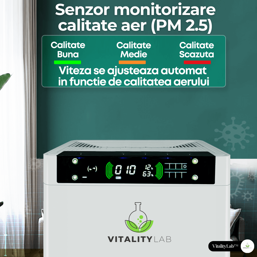 Purificator aer Vitality Lab™ Pure Flow – 80 m², CADR 600, HEPA + carbon, UV-C + ozon, senzor PM2.5, ionizare, WiFi smart, higrometru, termometru