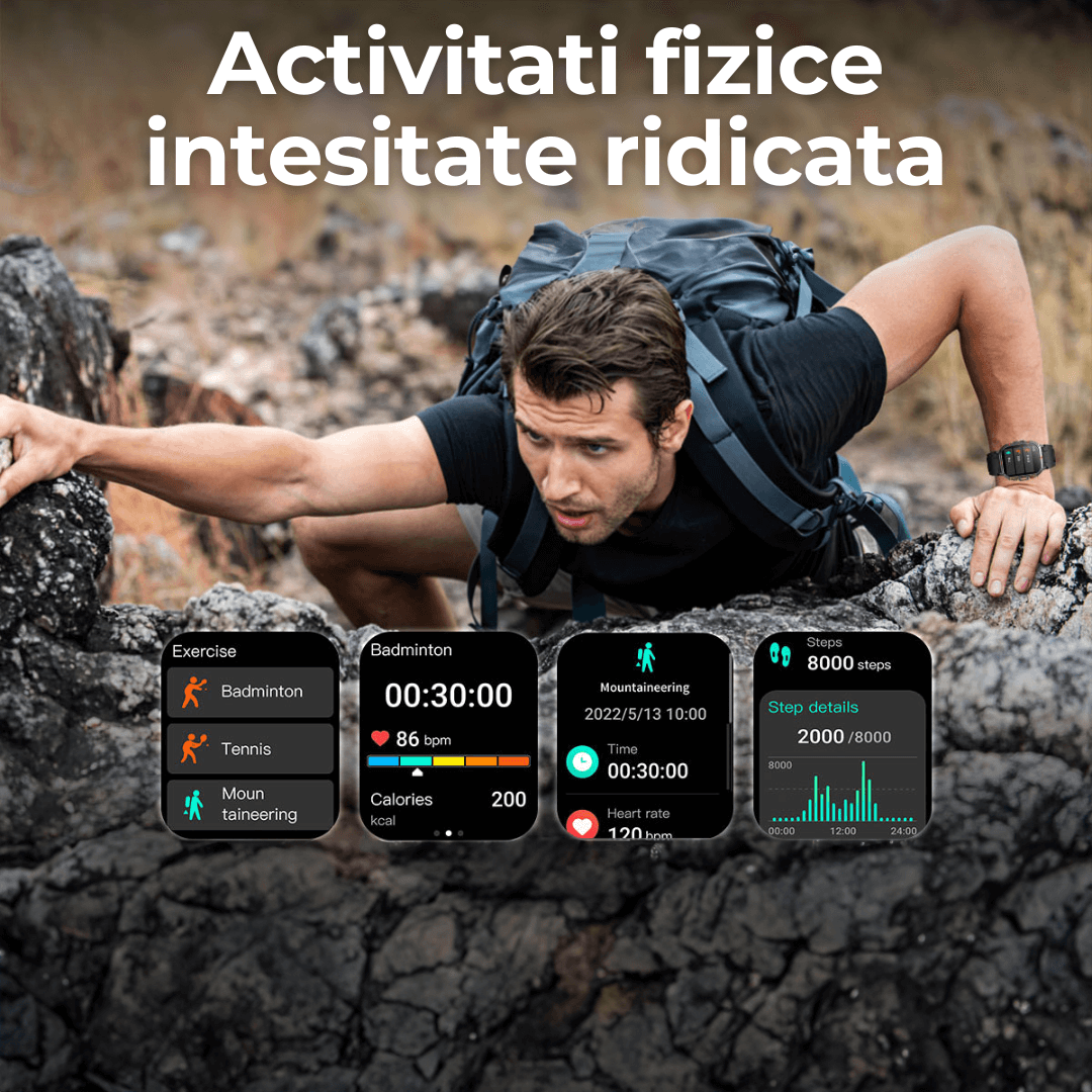 Ceas smartwatch TehnoLab™ Monolit – full touchscreen, 120+ sporturi, somn, stres, puls, tensiune, oxigen, apeluri Bluetooth, IP68, 20 zile