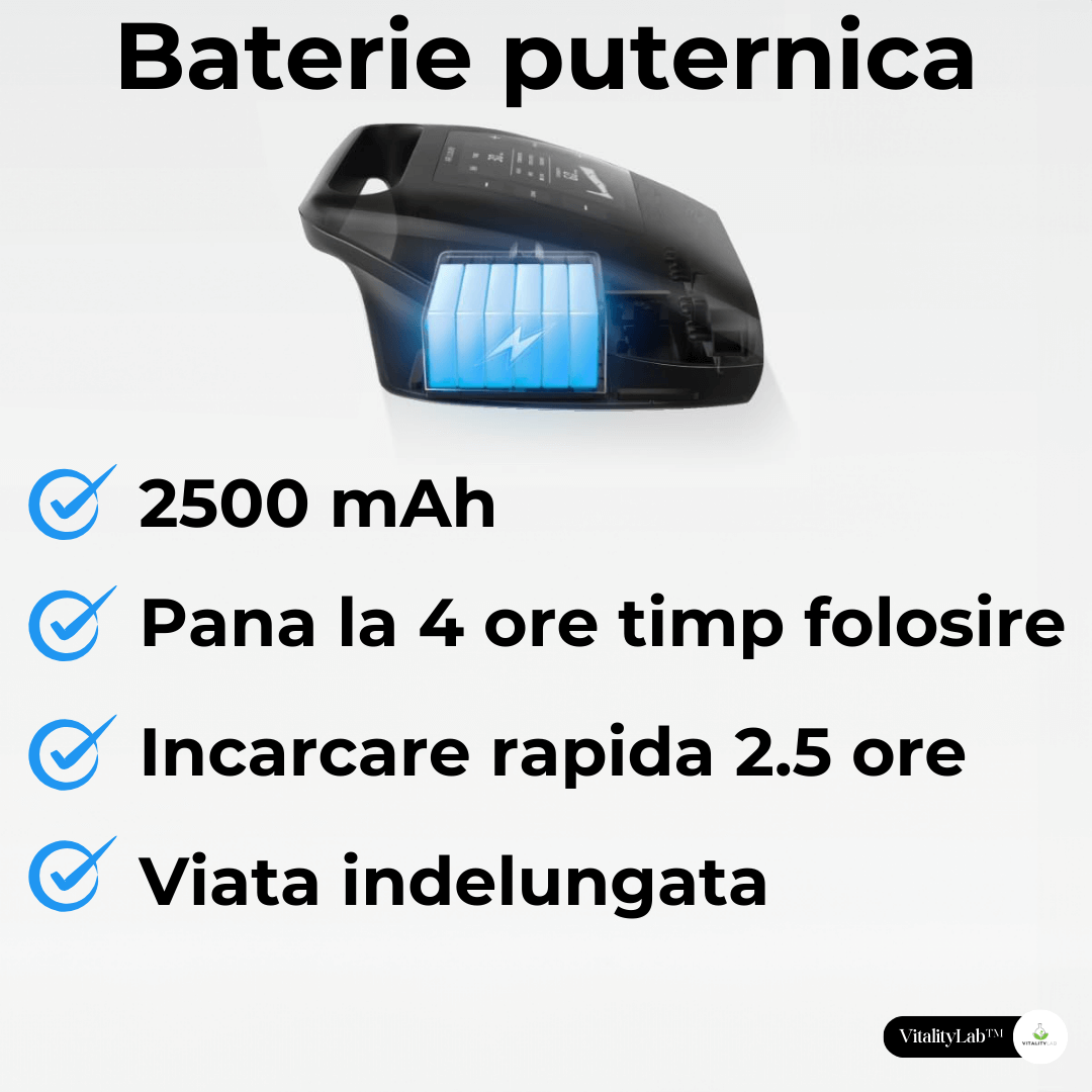 Aparatul de masaj picioare wireless Ultra Pulse de la Vitality Lab se poate folosi oriunde deoarece functioneaza pe baterie reincarcabila.