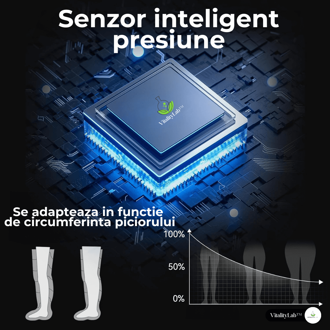 Aparatul de masaj picioare wireless Ultra Pulse de la Vitality Lab dispune de un senzor inteligent de presiune care se adapteaza in functie de circumferinta piciorului