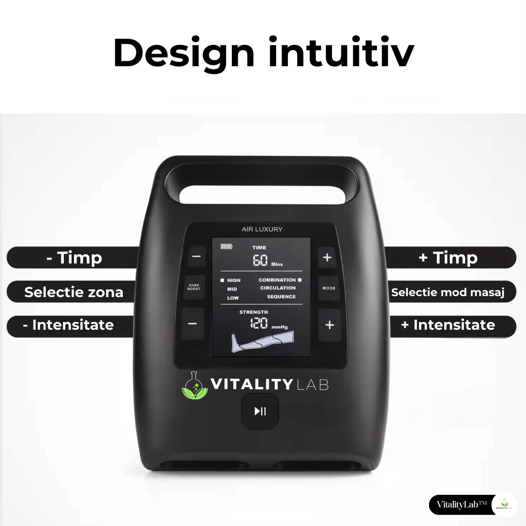 Unitatea de control al aparatului de masaj picioare Vitality Lab are un design intuitiv, poti alege cu usurinta zona, modul de masaj, timpul si intensitatea