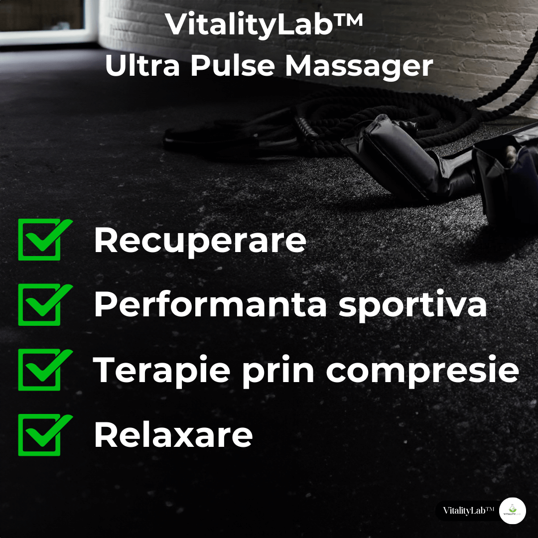 Aparatul de masaj Ultra Pulse Massager de la Vitality Lab ajuta cu recuperarea, performanta sportiva, terapie prin compresie si cu relaxare