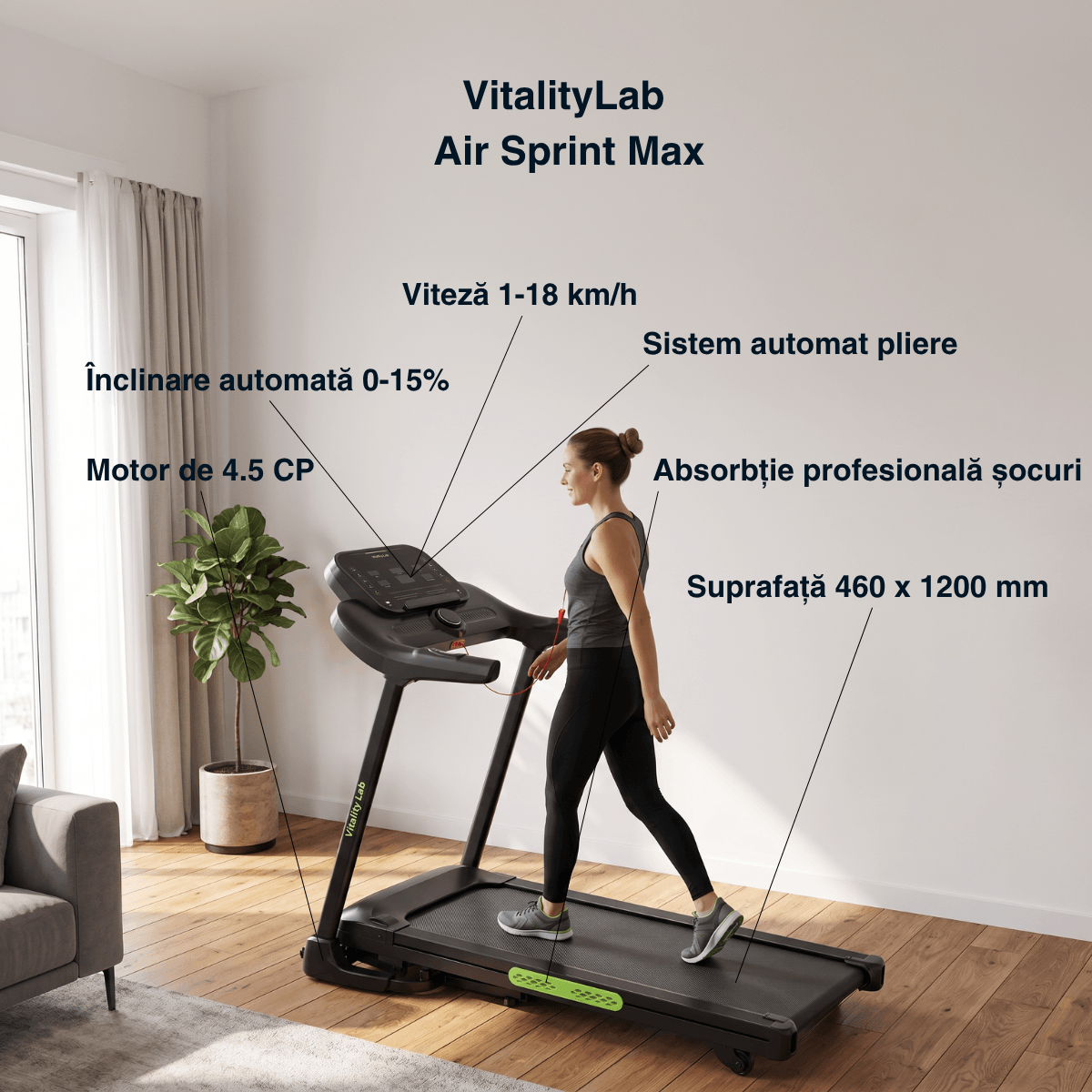 Banda alergare Air Sprint Max caracteristici viteza suprafata Vitality Lab 