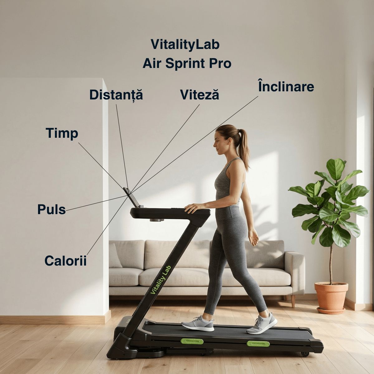Banda alergare acasa timp puls distanta viteza calorii inclinare Air Sprint Pro Vitality Lab