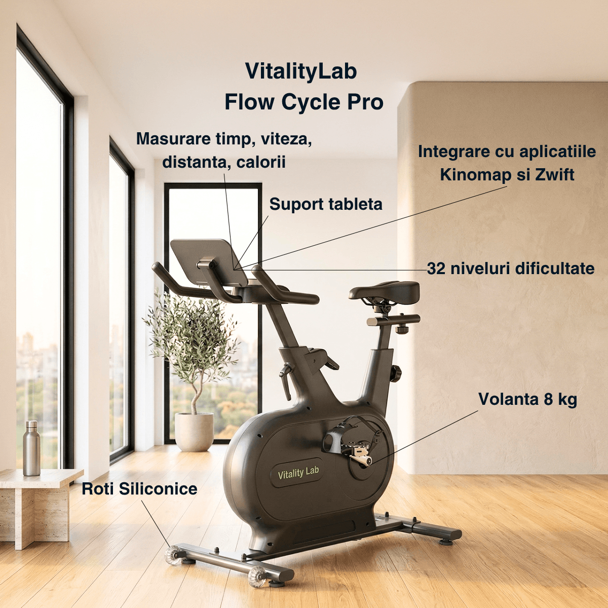 Masurare viteza timp distanta calorii bicicleta fitness Vitality Lab
