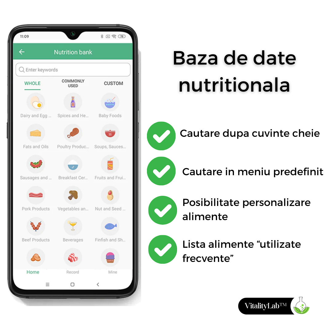 Cantarul de bucatarie DietPal de la VitalityLab are o baza de date nutritionala extinsa ce iti permite sa cauti alimentele, preparatele si ingredientele dupa cuvinte cheie