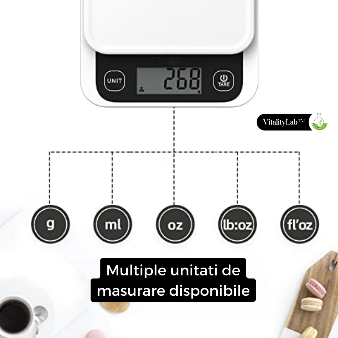 Cantarul de bucatarie DietPal de la VitalityLab are multiple unitate de masurare disponibile dar si o aplicatie mobila pentru informatii detaliate asupra indicilor nutritionali