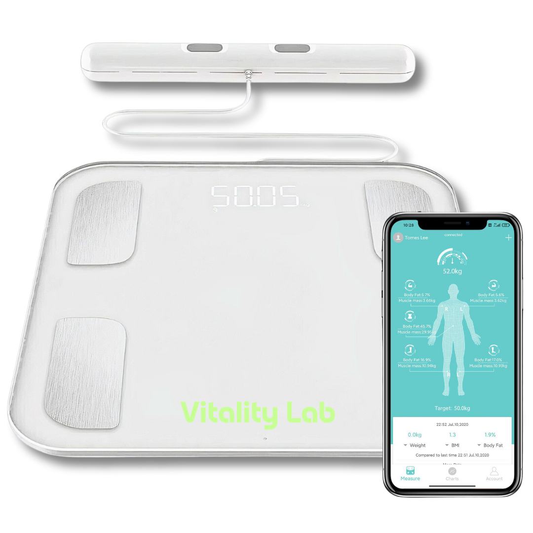 Cântar corporal inteligent Vitality Lab Professional, 18 indici corporali, 8 senzori analiză, calculator indice masă corporală, raport evoluție utilizator, număr de utilizatori nelimitat, integrare iOS/Android