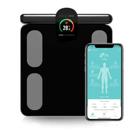 Cantar corporal inteligent Vitality Lab™ Pro Scan, 28 indicatori corporali, 8 senzori analiza impedanta bioelectrica, raport compozitie corporala, recunoastere automata utilizator, display multifunctional, integrare IOS/Android