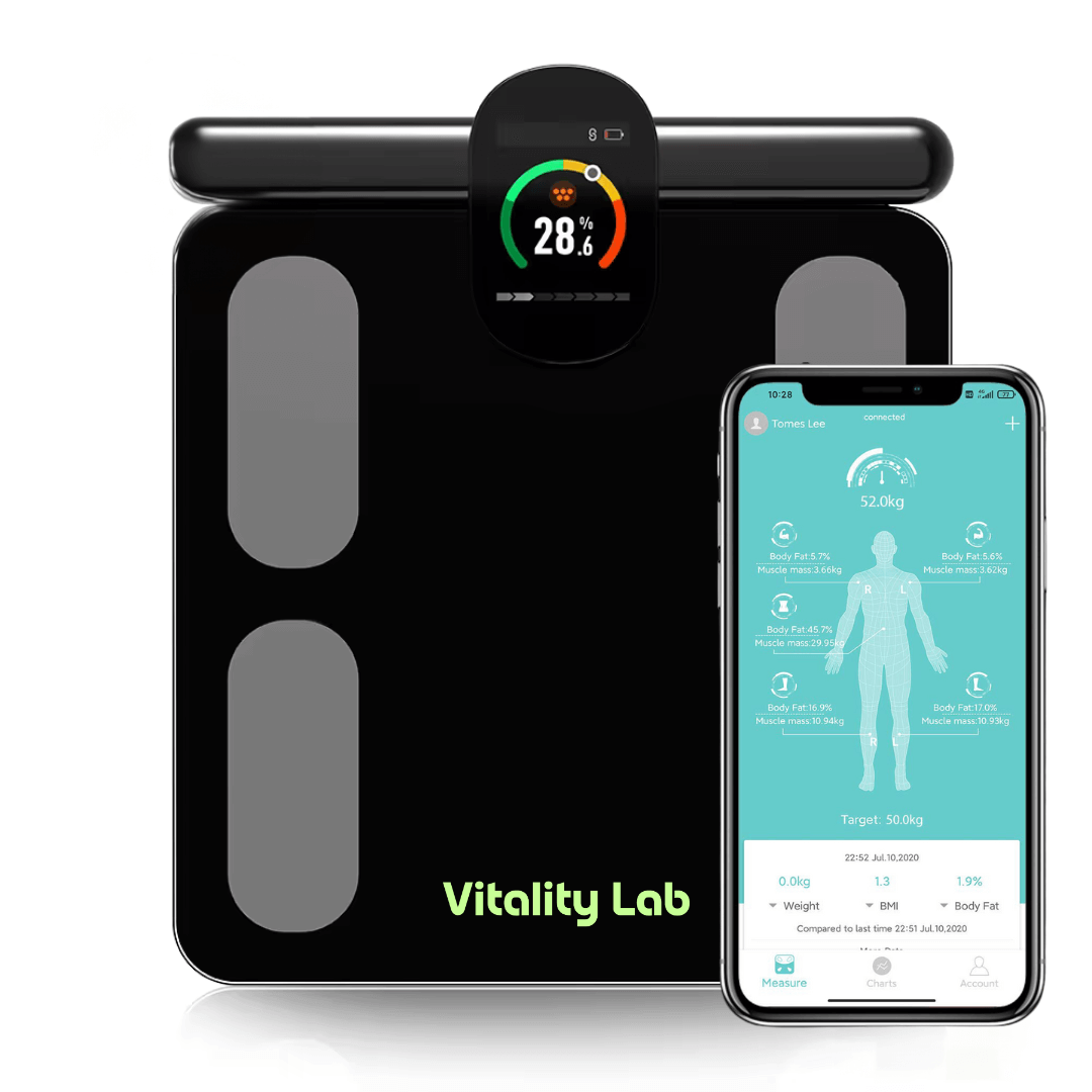 Cântar corporal inteligent Vitality Lab Pro Scan, 28 indicatori corporali, 8 senzori analiză impedanță bioelectrică, raport compoziție corporală, recunoaștere automată utilizator, display multifuncțional, integrare iOS/Android