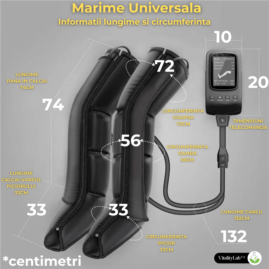 Aparat masaj picioare Ultimate Massager Vitality Lab™, masaj terapeutic, drenaj limfatic, 8 camere compresie cu aer, 8 niveluri intensitate masaj picioare, gambe si coapse, masaj refacere musculara, masaj relaxare circulator, dureri si inflamatie picioare