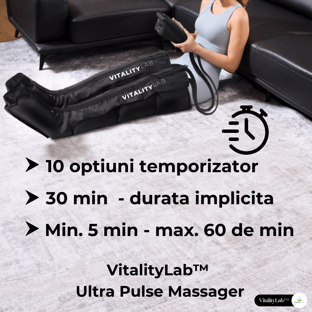 Aparatul de masaj picioare wireless Ultra Pulse de la VitalityLab dispune de 10 optiuni temporizator, durata implicita e de 30 de minute