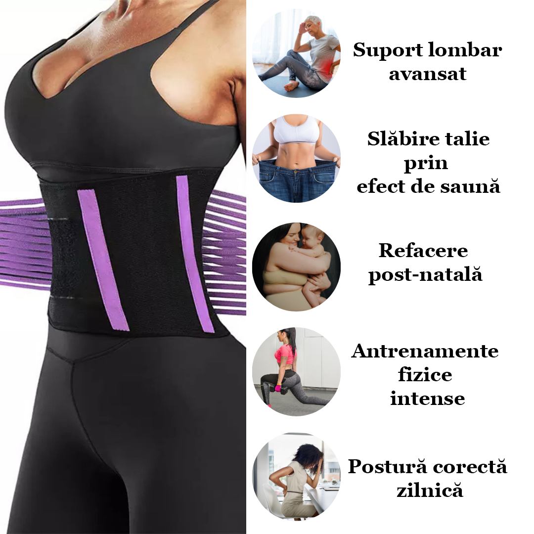 Centura de slabit Vitality Lab™, tip corset, refacere postnatala, suport lombar, compresie dubla, talie si abdomen, neopren, modelare, corector postura, mov