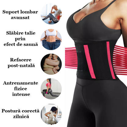 Centura de slabit Vitality Lab™, tip corset, refacere postnatala, suport lombar, compresie dubla, talie si abdomen, neopren, modelare, corector postura, roz