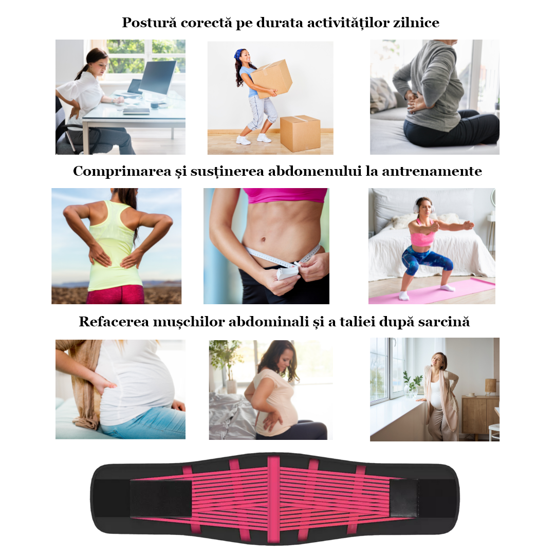 Centura de slabit Vitality Lab™, tip corset, refacere postnatala, suport lombar, compresie dubla, talie si abdomen, neopren, modelare, corector postura, roz