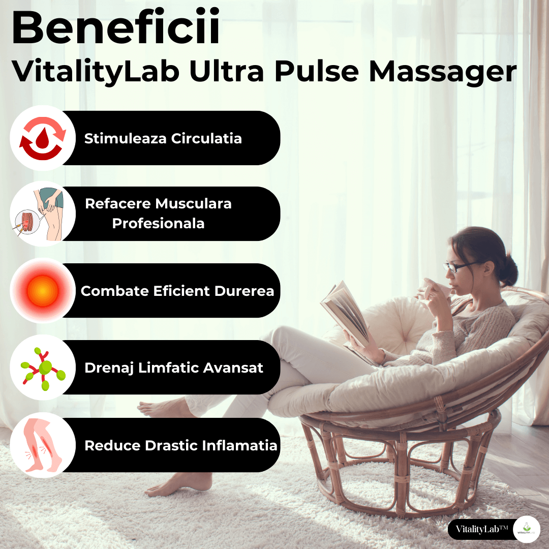 Beneficii VitalityLab Ultra Pulse Massager, stimuleaza circulatia, refacere musculara, combate durerea, drenaj limfatic avansat, reduce durerea