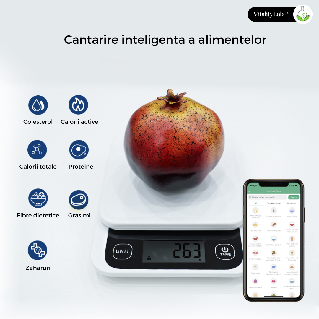 Cantarul de bucatarie DietPal de la Vitality Lab permite identificarea colesterolului, calorii active, calorii totale, proteine, fibre dietetice, grasimi, zaharuri