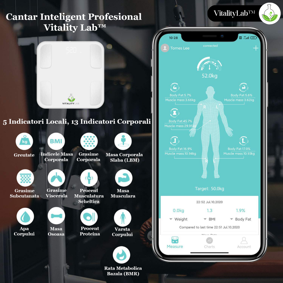 Cantarul inteligent Vitality Lab™ masoara cu precizie greutatea corporala, masa musculara, grasimea corporala, masa osoasa, procentul de apa, indicele BMI, varsta biologica si multe alte aspecte ale corpului tau.